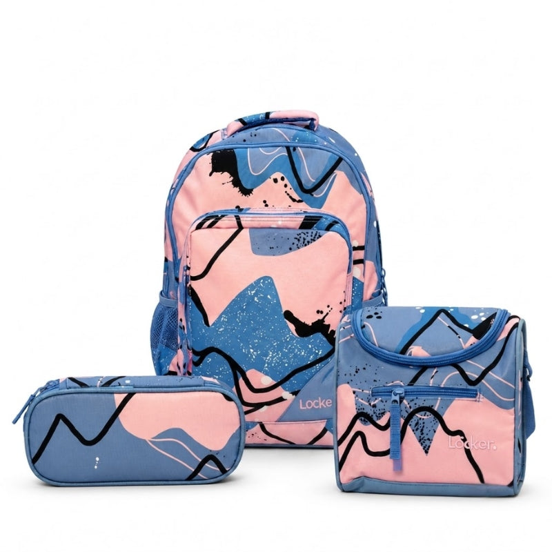 Locker School Kids Backpack + Lunch Bag + P.Case Pink Blue Set