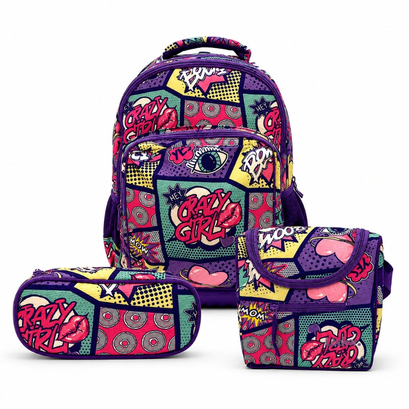 Locker School Kids Backpack + Lunch Bag + P.Case Crazy Girl Set
