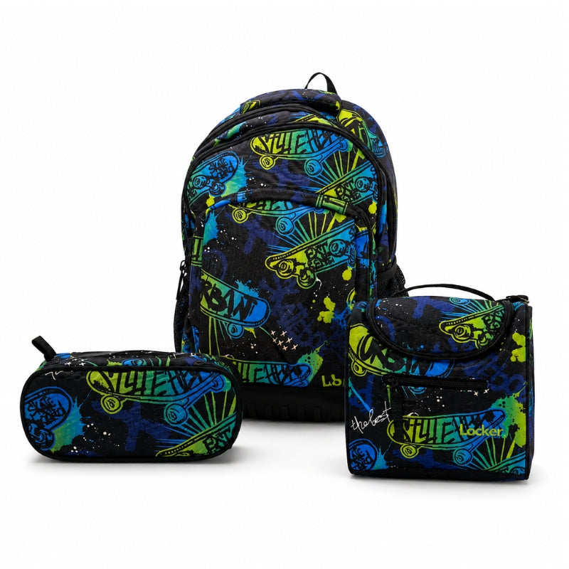 Locker School Kids Backpack + Lunch Bag + P.Case Skateboard Set