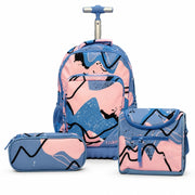 Locker School Kids Trolley Backpack + Lunch Bag + P.Case Pink Blue Set