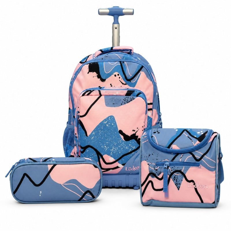 Locker School Kids Trolley Backpack + Lunch Bag + P.Case Pink Blue Set