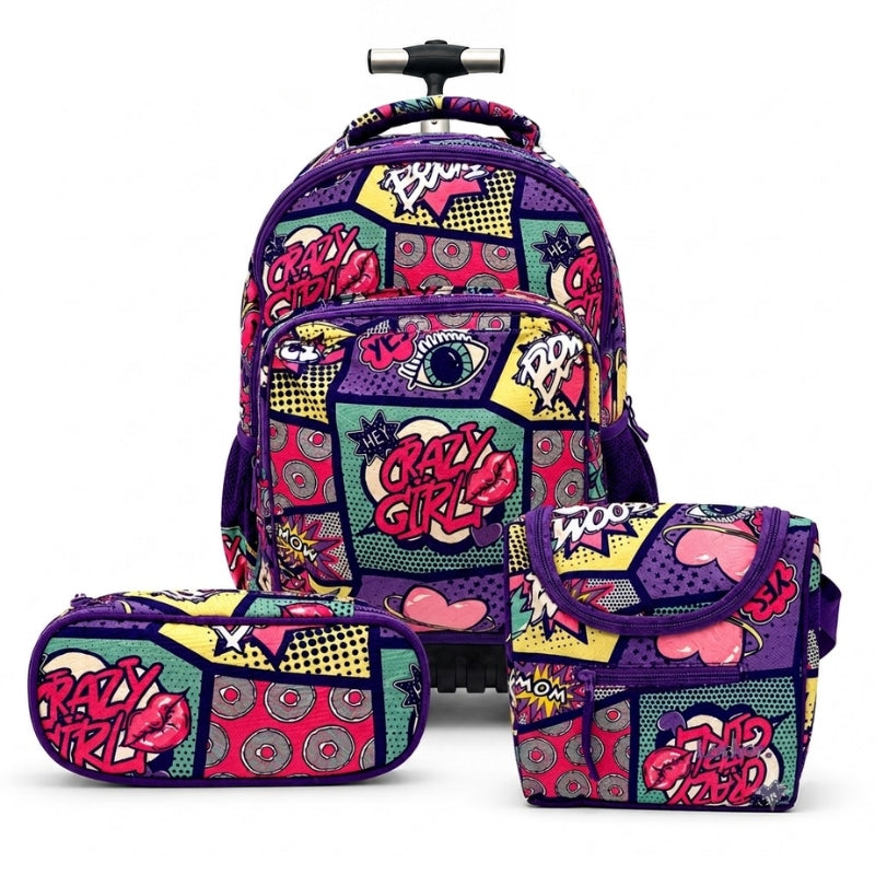 Locker School Kids Trolley Backpack + Lunch Bag + P.Case Crazy Girl Set