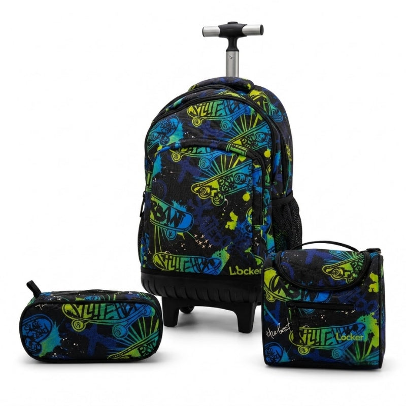 Locker School Kids Trolley Backpack + Lunch Bag + P.Case Skateboard Set