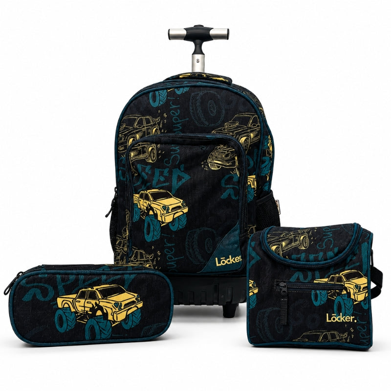 Locker School Kids Trolley Backpack + Lunch Bag + P.Case Super Speed Truck Set