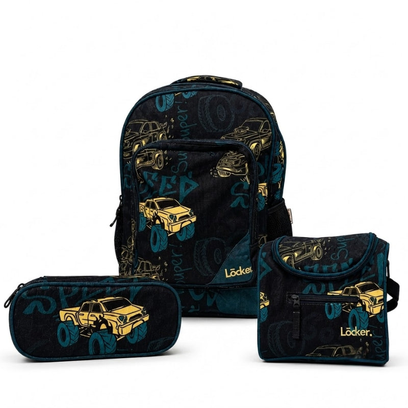 Locker School Kids Backpack + Lunch Bag + P.Case Super Speed Truck Set
