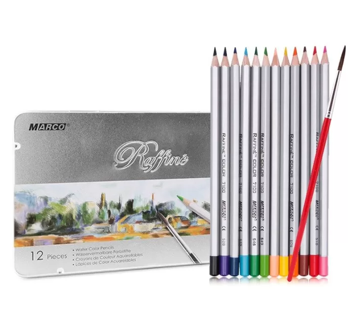 Marco Raffine Watercolor Pencils Tin Box of 12 + Brush