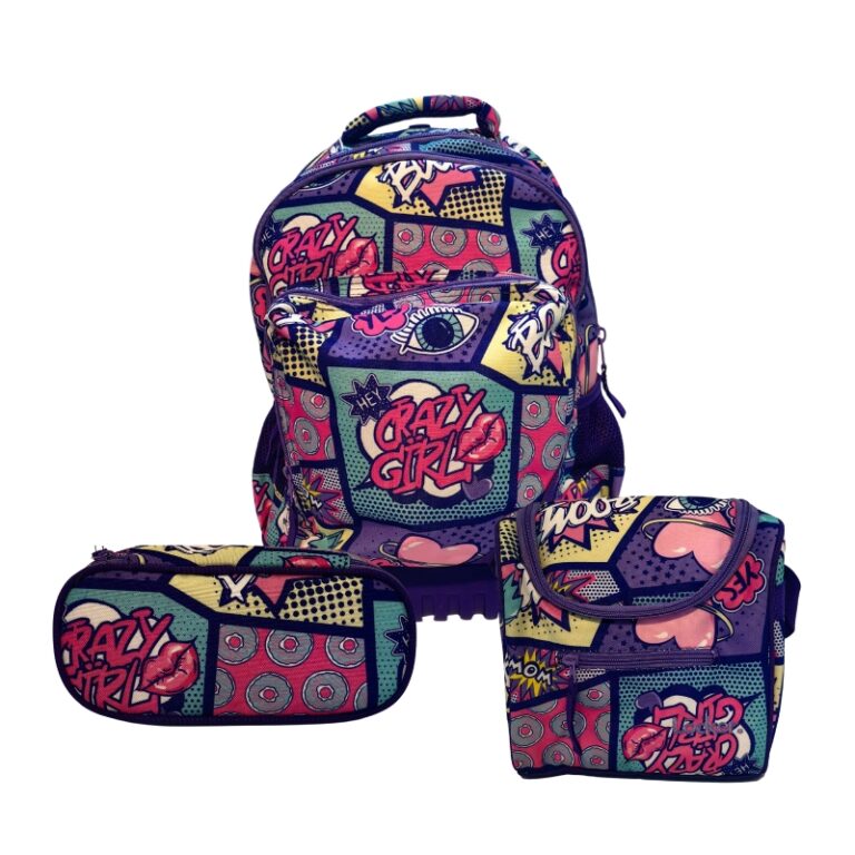 Locker School Kids Trolley Backpack + Lunch Bag + P.Case Crazy Girl Set