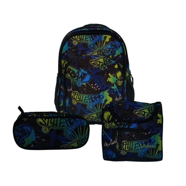 Locker School Kids Backpack + Lunch Bag + P.Case Skateboard Set