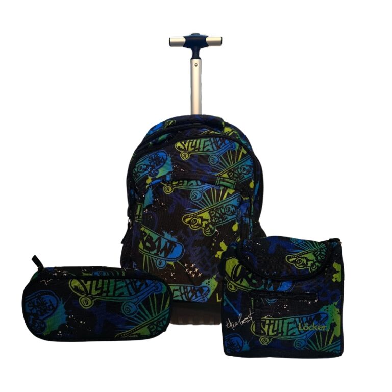 Locker School Kids Trolley Backpack + Lunch Bag + P.Case Skateboard Set