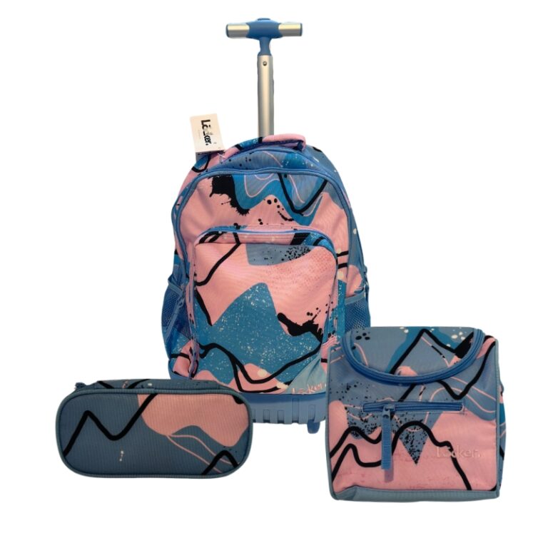 Locker School Kids Trolley Backpack + Lunch Bag + P.Case Pink Blue Set