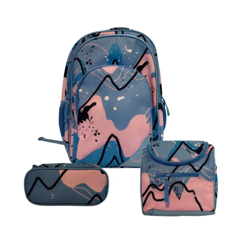 Locker School Kids Backpack + Lunch Bag + P.Case Pink Blue Set