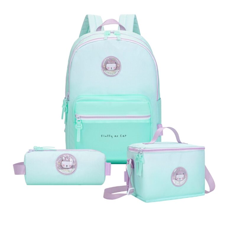 kids School Backpack + Lunch Bag + P.Case Cat Blue