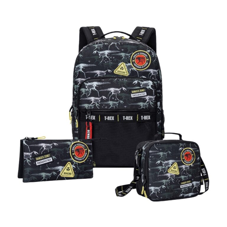 kids School Backpack + Lunch Bag + P.Case T-Rex