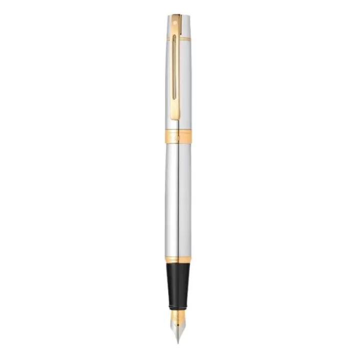 Sheaffer 300 E9342 Bright Chrome Fountain Pen With Gold Trims - Medium Nib