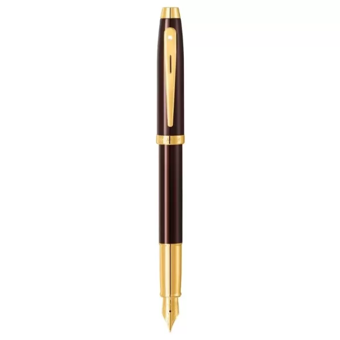 Sheaffer 100 E9370 Glossy Coffee Brown Fountain Pen With PVD Gold-Tone Trim - Medium Nib