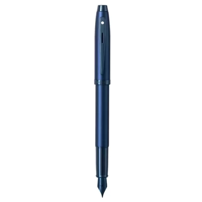 Sheaffer 100 E9371 Satin Blue Fountain Pen With PVD Blue Trim - Medium Nib