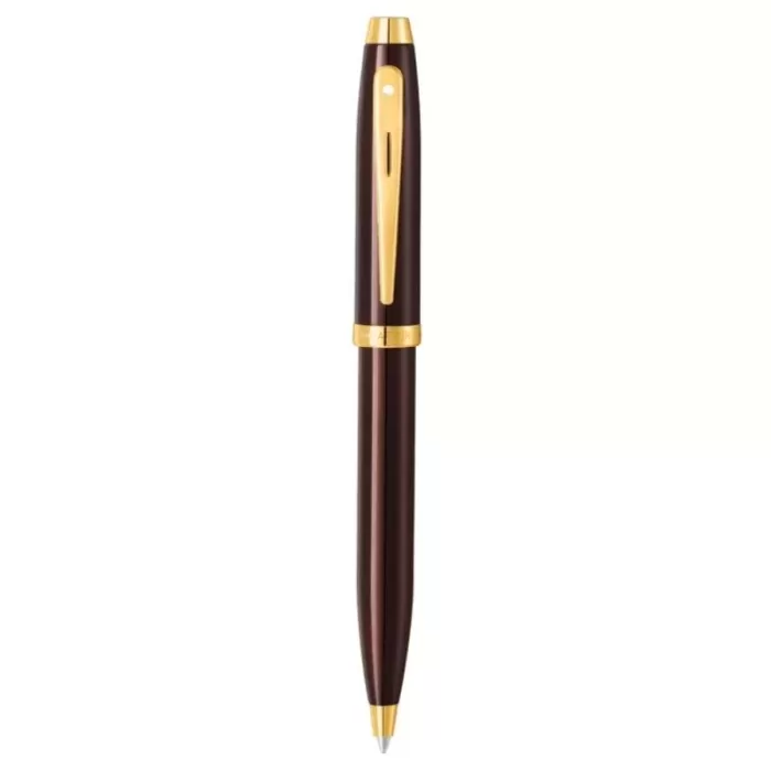 Sheaffer 100 E9370 Glossy Coffee Brown Ballpoint Pen With PVD Gold-Tone Trim