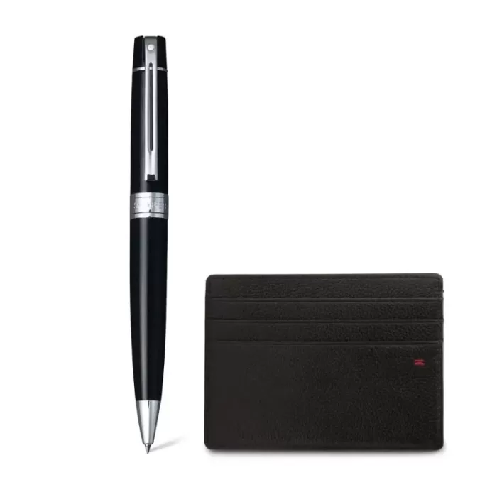 Sheaffer Gift Set ft. Glossy Black 300 Ballpoint Pen with Chrome Trims and Credit Card Holder