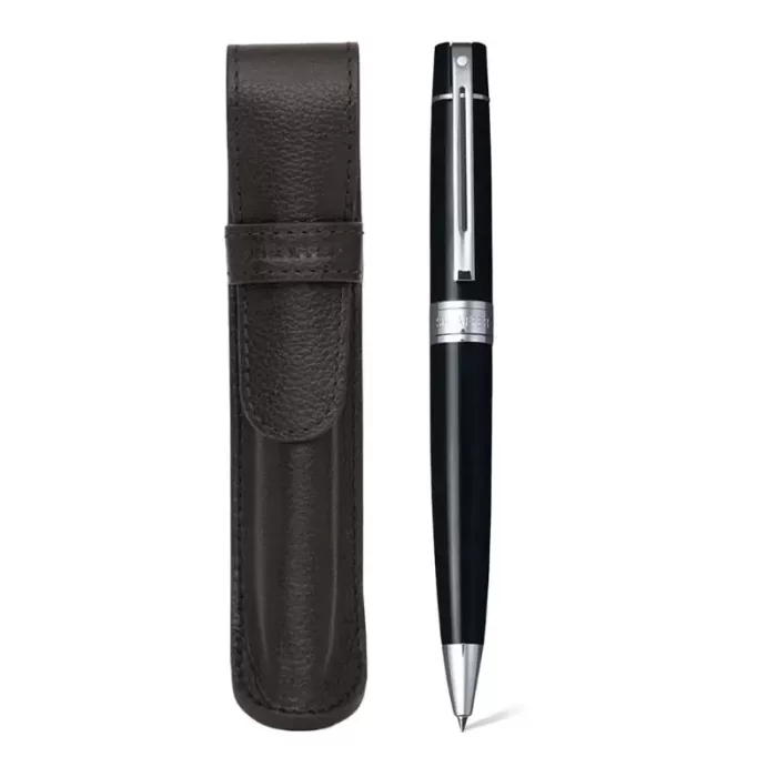 Sheaffer Gift Set Glossy Black 300 9312 Ballpoint Pen With Chrome Trim And Pen Pouch