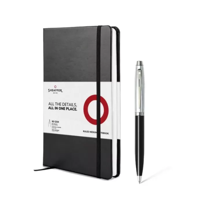 Sheaffer Gift Set ft. Glossy Black S100 9313 Ballpoint Pen with Chrome Trim and A5 Notebook