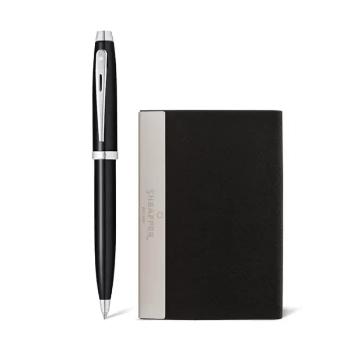 Sheaffer Gift Set ft. Glossy Black 100 Ballpoint Pen with Chrome Trims and Business Card Holder